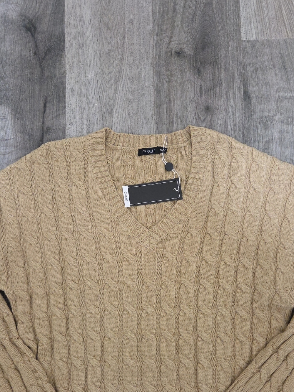 NWT Carreli Camel Chunky Cable Knit V-Neck Sweater Y2K Cozy Neutral Preppy - Picture 3 of 8